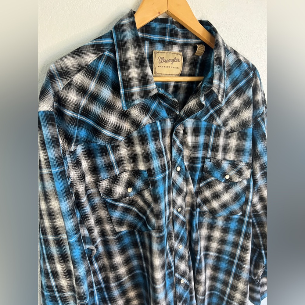 Wrangler Shirt Mens Blue Plaid Pearl Snap Western Button Up Size 3XL